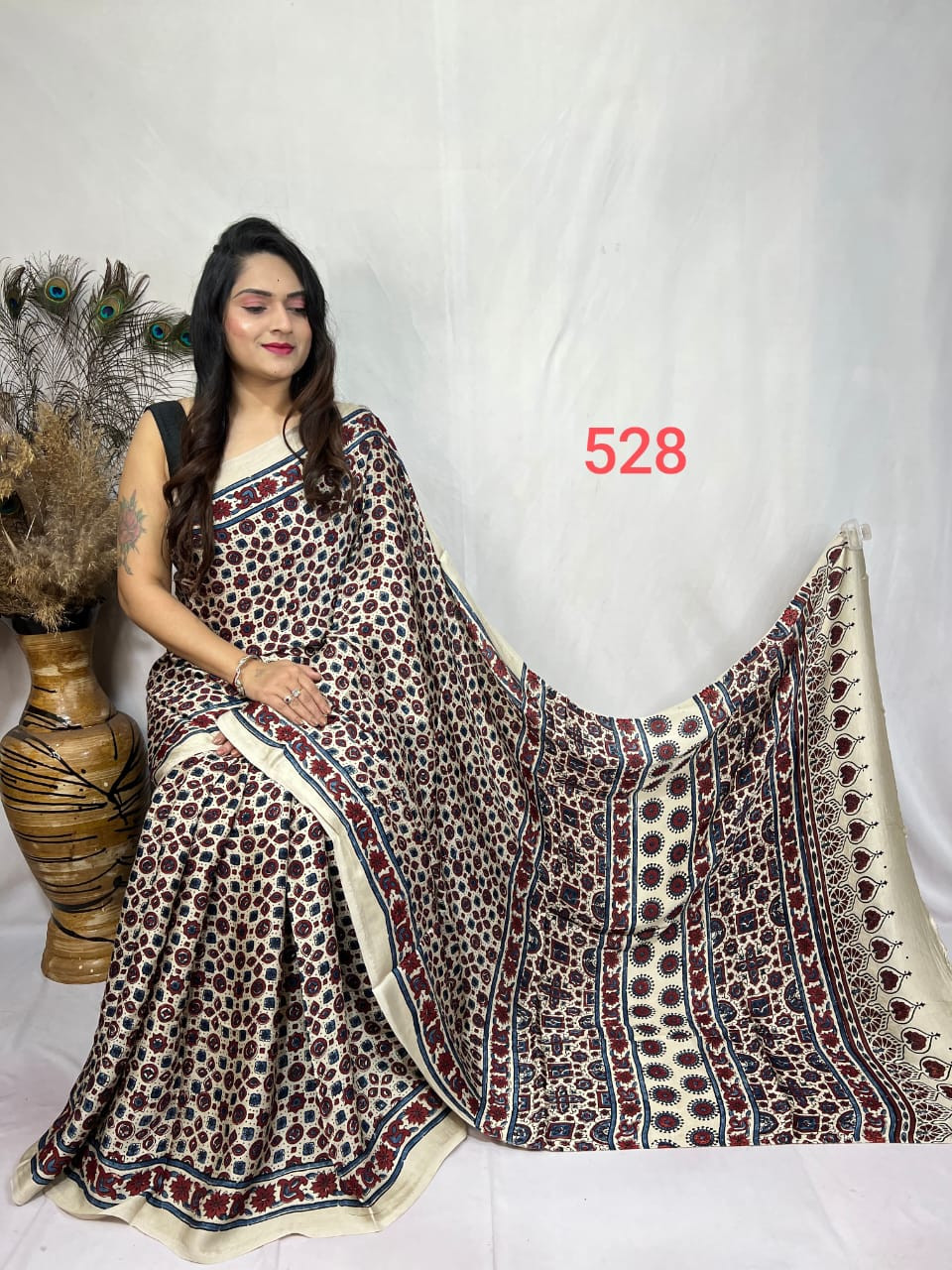 White, Red, and Blue Ajrakh Hand Block Printed Modal Silk Saree
