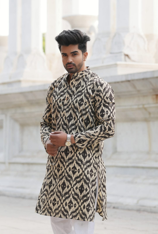 Black and gold with an ikat print.