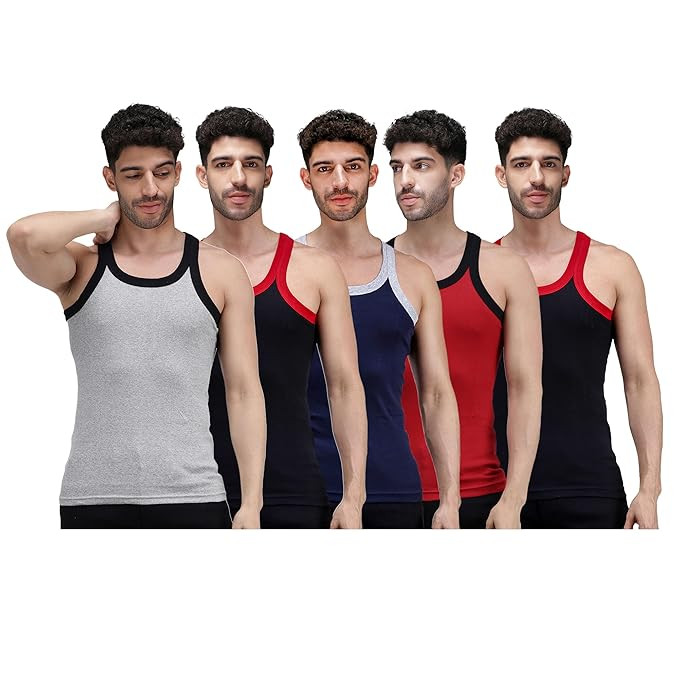 Amul Comfy Men’s Vest | 100% Pure Cotton Rib Fabric | U Neck Sleeveless Innerwear | Ultra Soft Hand Feel | Extremely Stretch Fit | Seamless Comfortable | Color May Vary (Pack of 5)