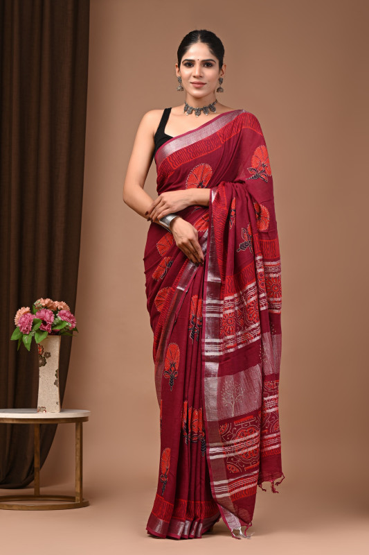 reddish red Handblock Printed Cotton Saree with Red Floral Motifs and Silver Striped Pallu