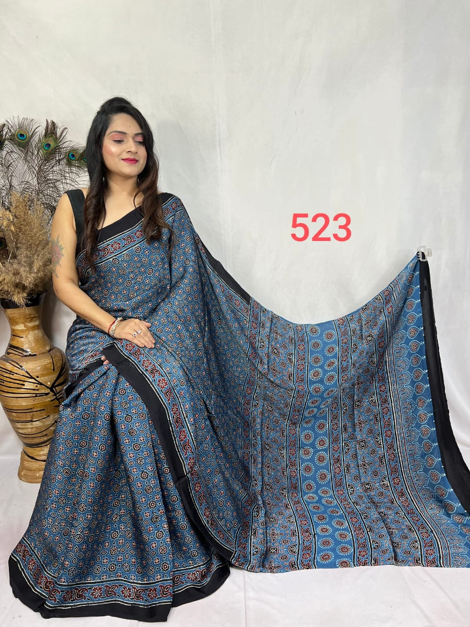 Indigo Blue Ajrakh Hand Block Print Modal Silk Saree.