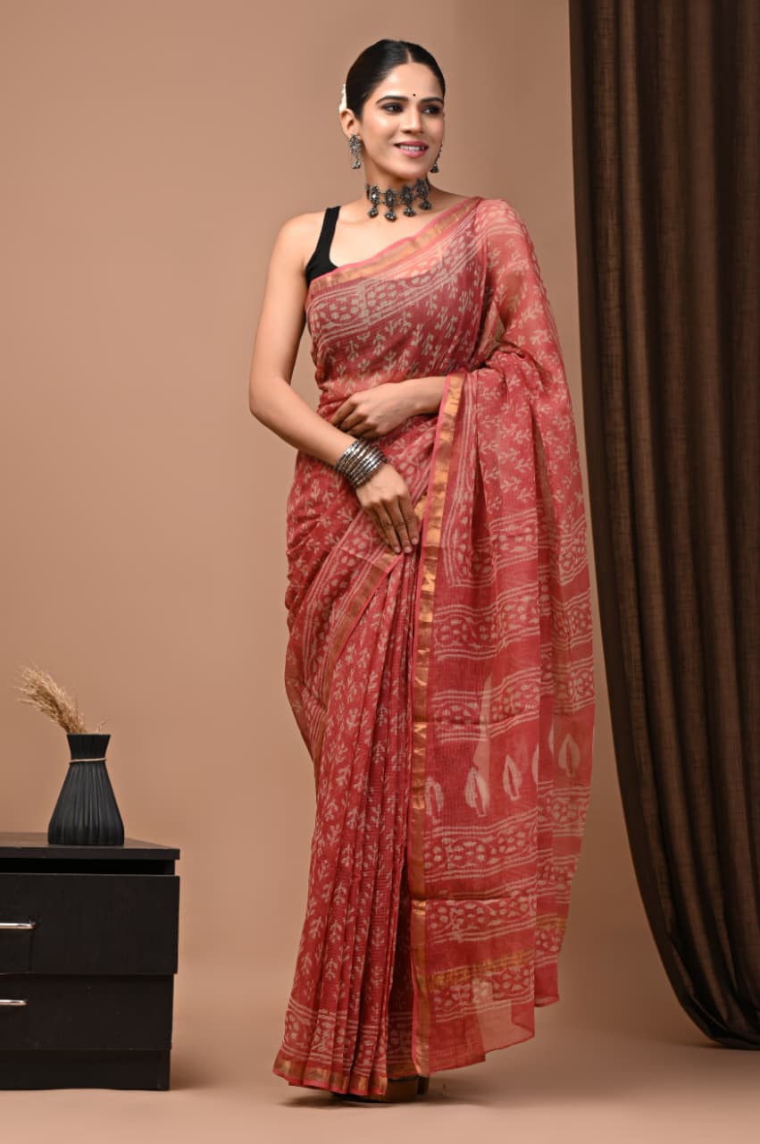 Black &Rust Red Hand Block Printed Kota Doria Saree White Hand Block Print Kota Doria Saree