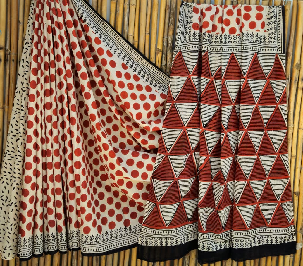 Red, Black & White Hand-Block Printed Mulmul Cotton Saree with Blouse (6.5 Meters, 92*80, 100% Pure Cotton Fabric)