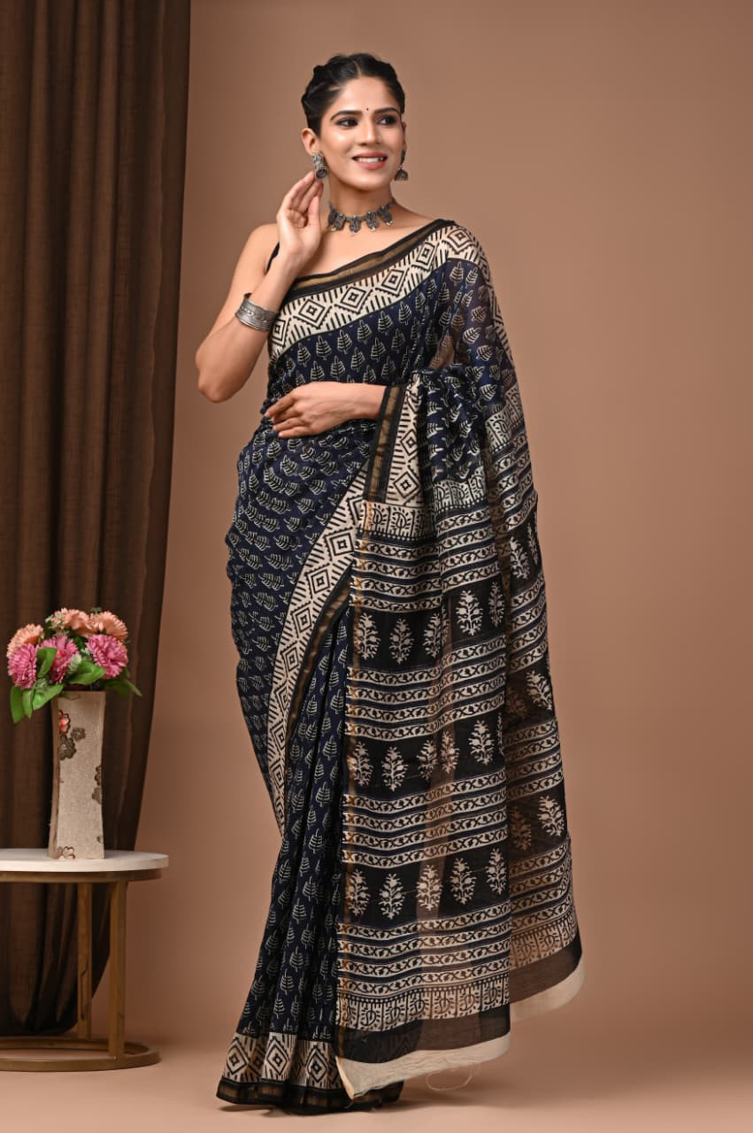 Midnight Aura: Hand-Block Printed Maheshwari Cotton-Silk Saree in Navy Blue & Beige