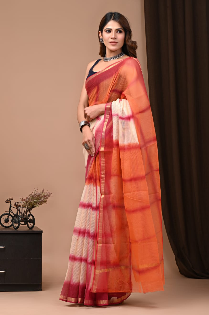 Orange & White Hand Block Print Kota Doria Saree