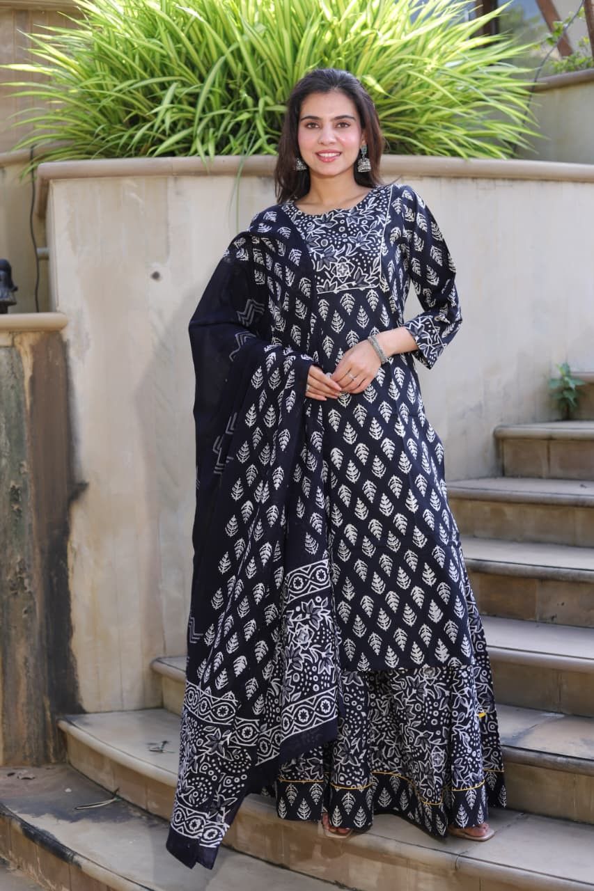 Black & White Hand Block Printed Cotton Long Kurta & Skirt with Dupatta