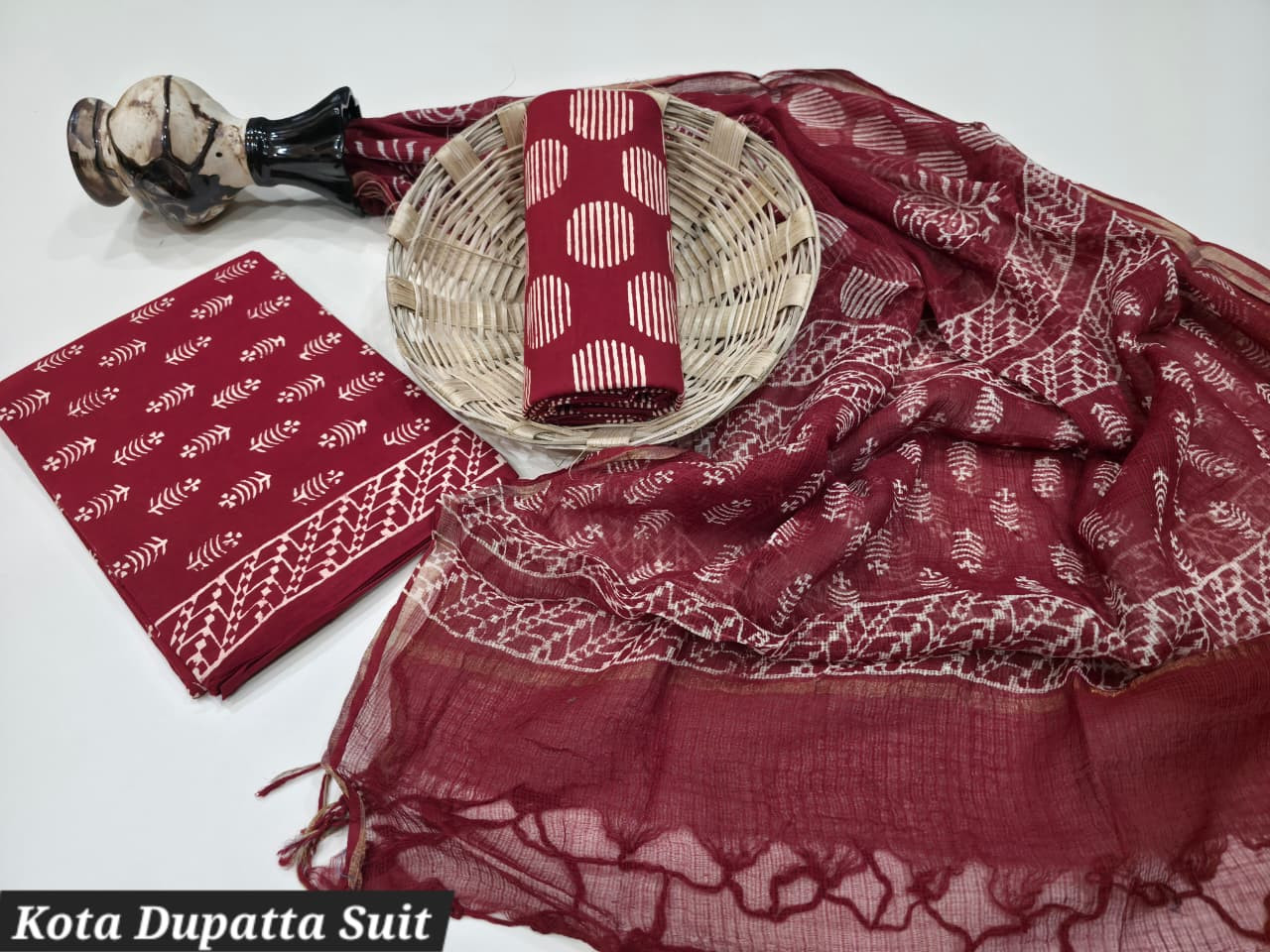 Maroon Hand Block Printed Cotton Suit with Kota Doria Dupatta