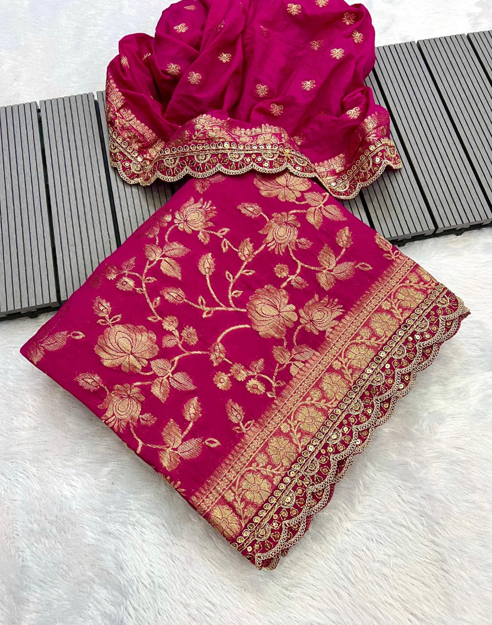Hot Pink and Gold Khaddi Georgette Saree with Floral Brocade Design and Scalloped Border.