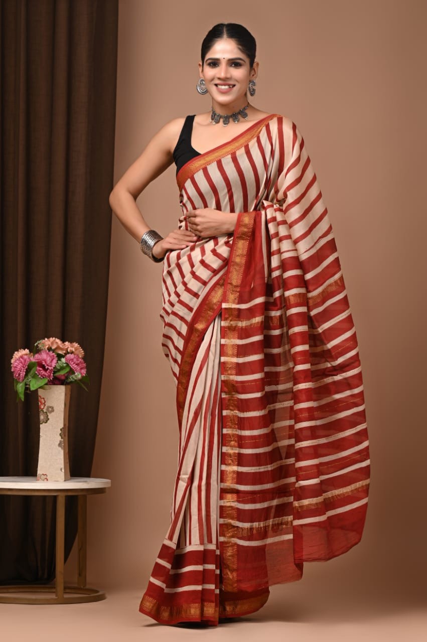 Red and White Striped Maheshwari Silk/Cotton Blend Saree with Zari Border