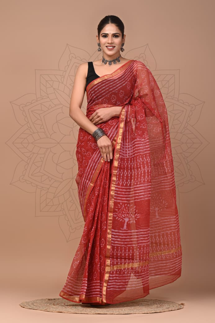 Red & Beige Kota Doria Saree Handmade Dabu/Bagru Hand Block Printed