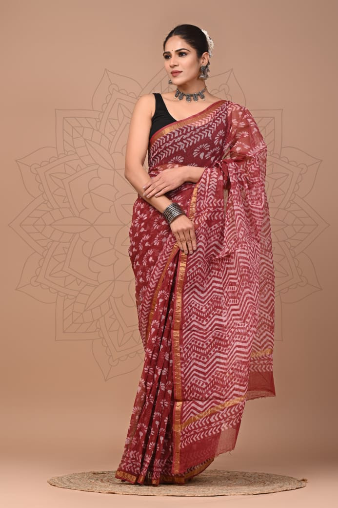 Maroon Hand Block Printed Kota Doria Saree