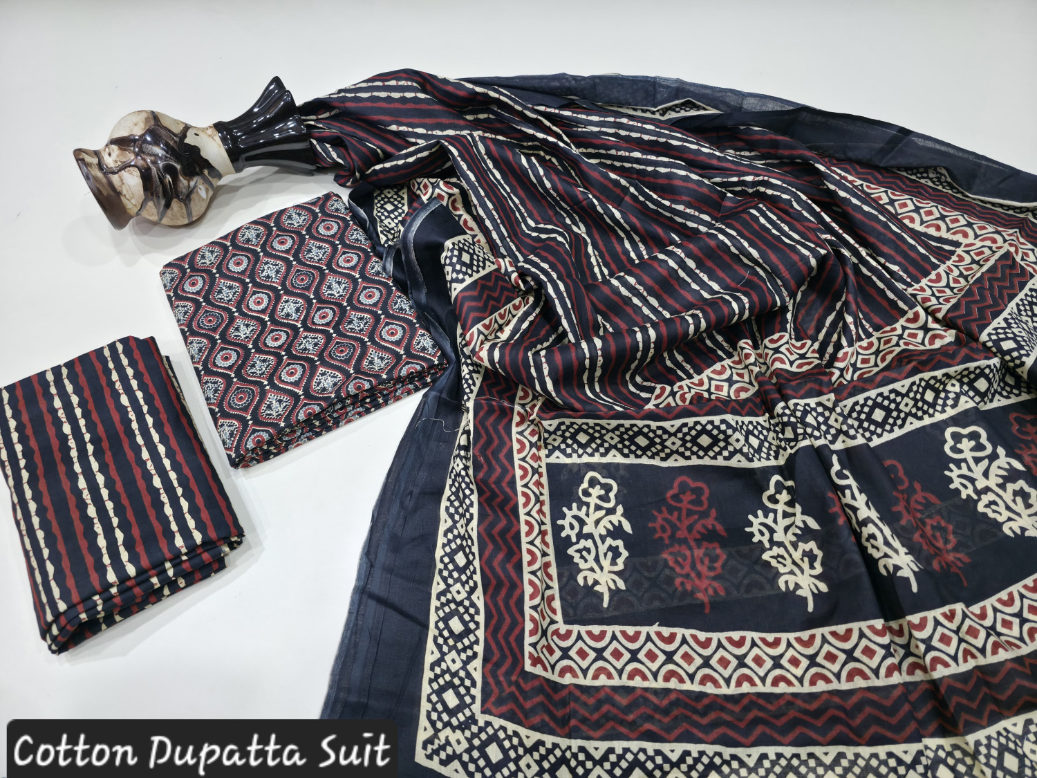 Navy Blue and Maroon Ajrakh Block Print.