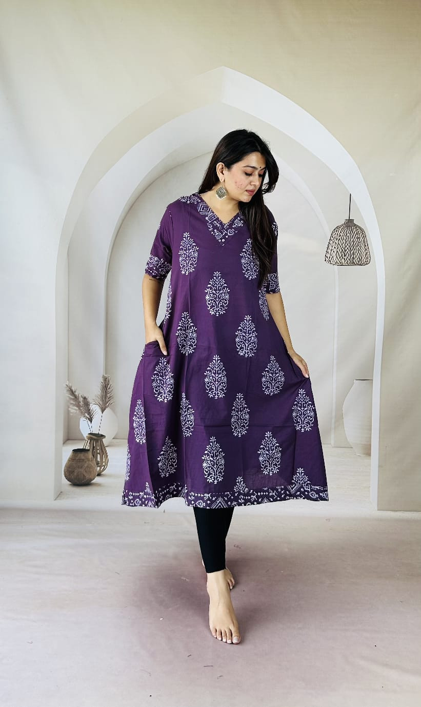 purple and white hand block printed cotton  kurti