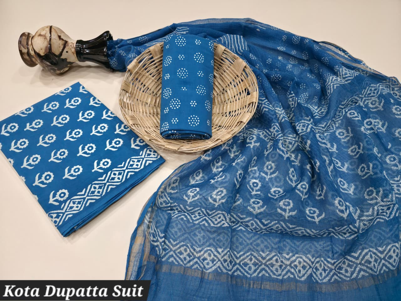 Blue and White Hand Block Print Cotton Suit with Kota Doria Dupatta.