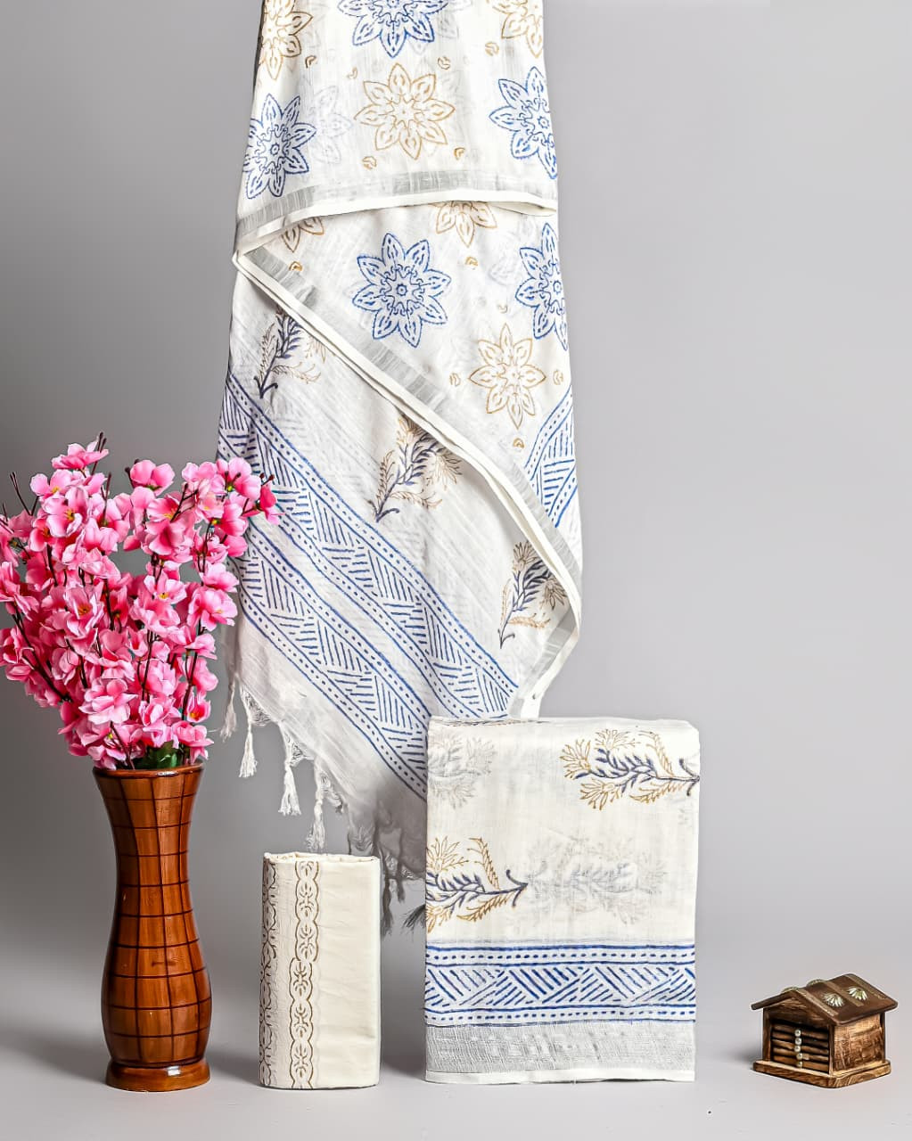 White and Blue Hand Block Printed Linen Unstitched Suit Set