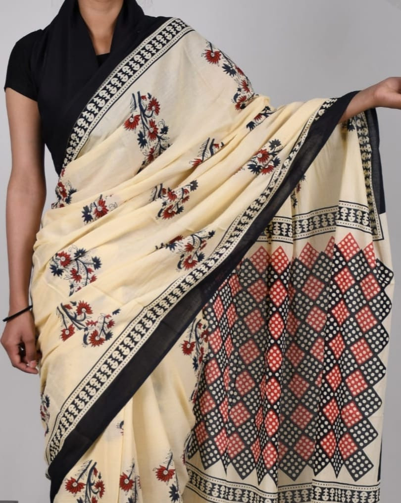 Beige and black with red floral and geometric hand block printed mulmul cotton saree