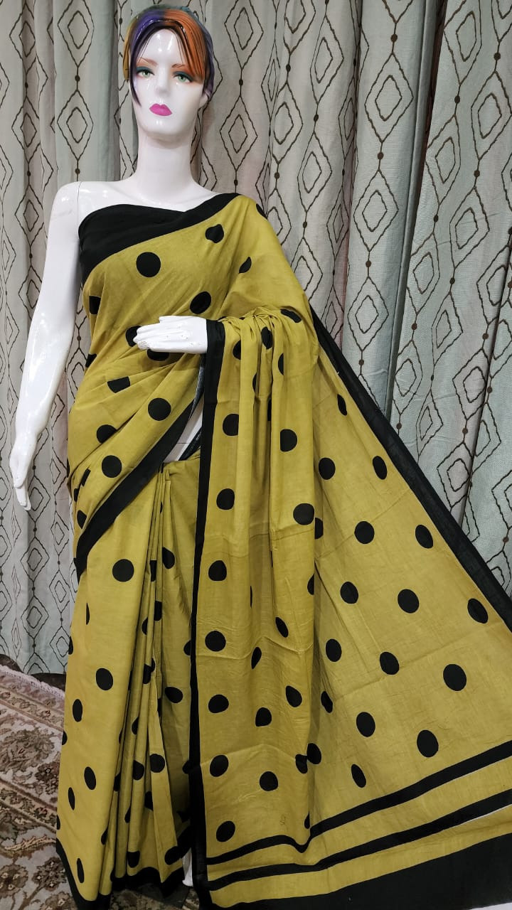 Mustard Yellow Cotton Saree with Classic Large Black Polka Dots and Minimalist Border.