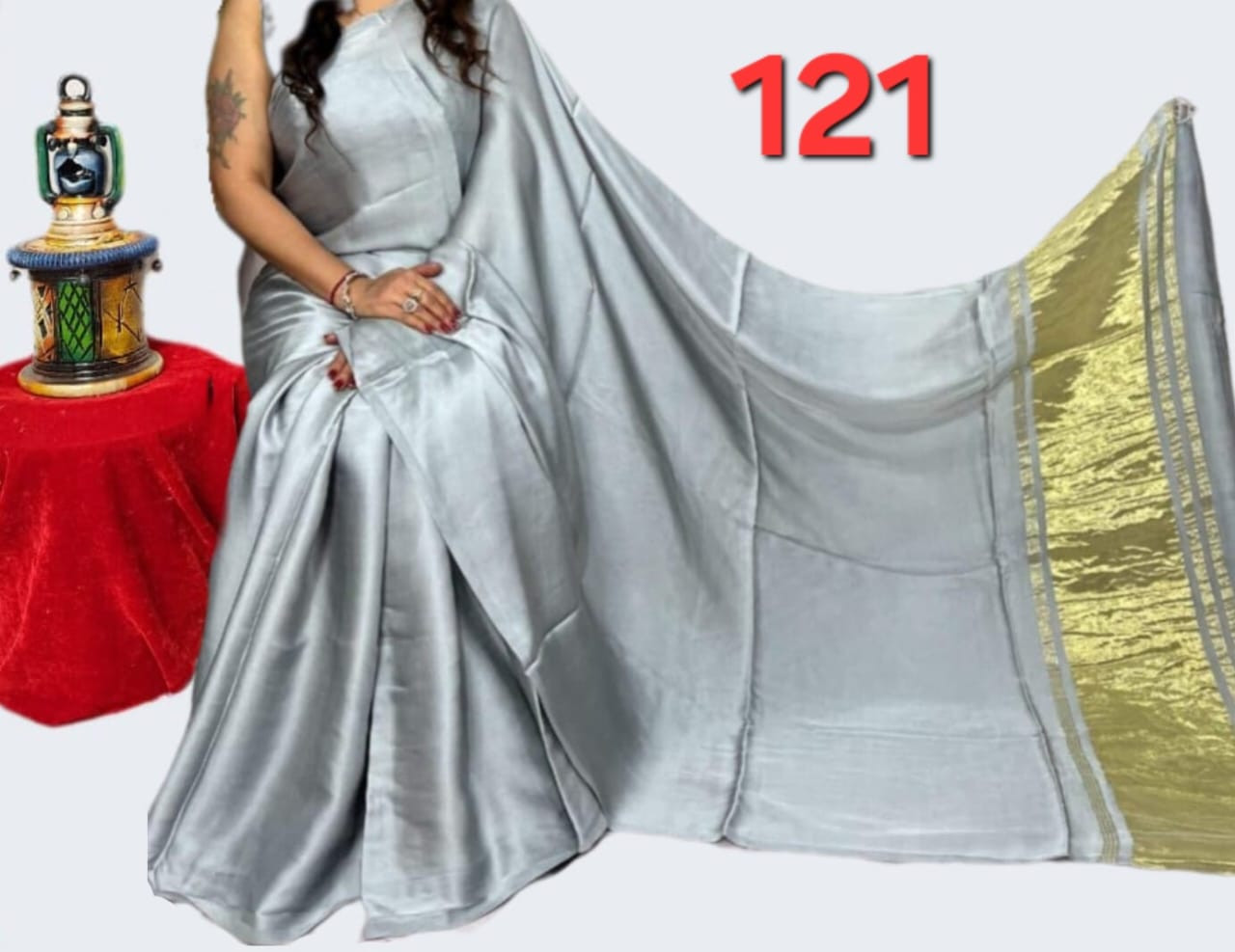 Silver with Golden Border Modal silk plain daying saree