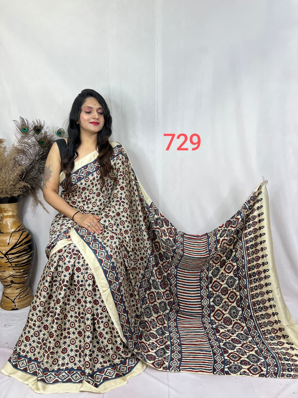 Cream and Multicolor Modal Silk Ajrakh Print Saree