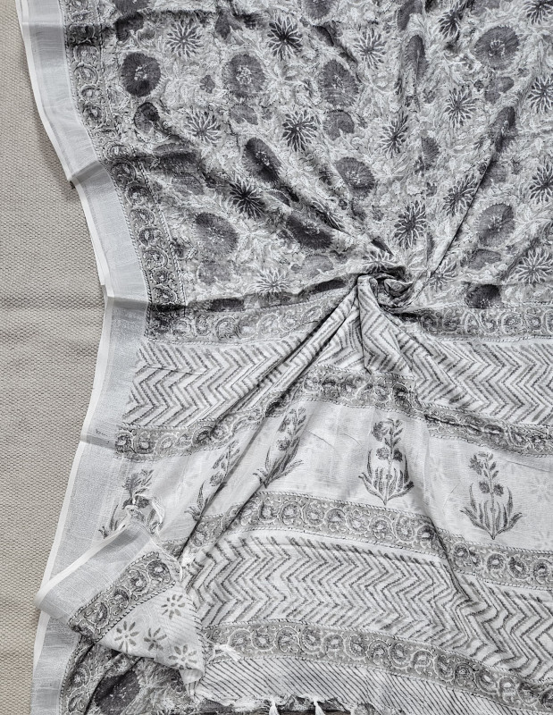 Grey - Mul Cotton Block Print Sanganeri Saree 19