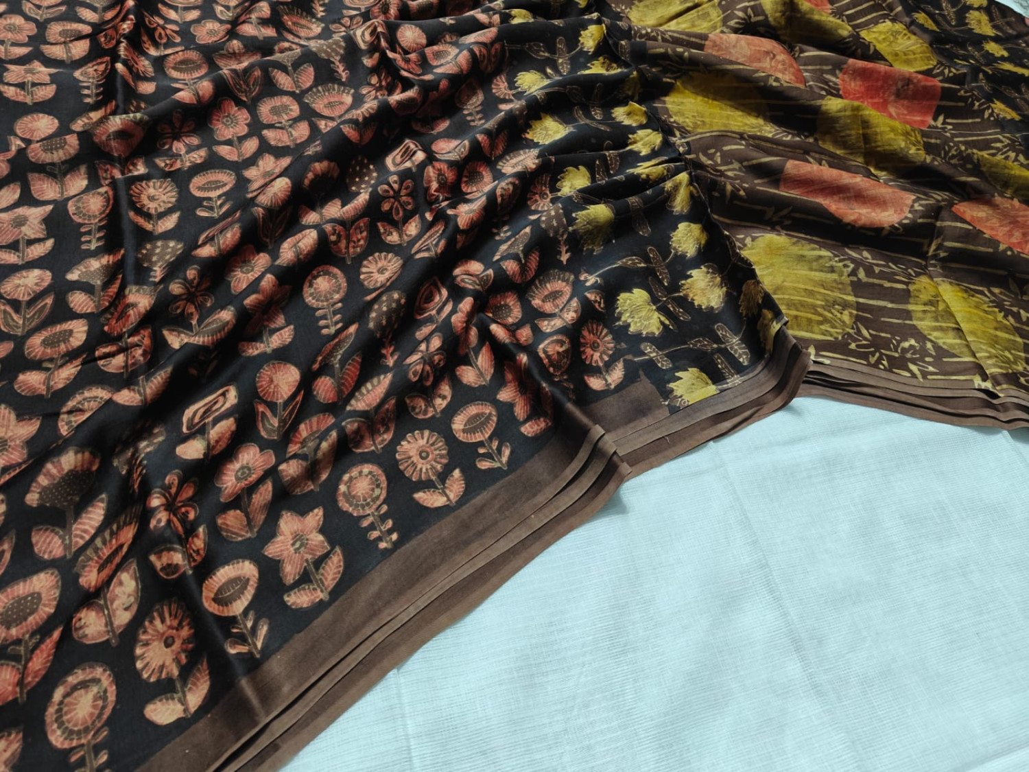 Black Floral Handblock Printed  Pure Modal Silk Saree