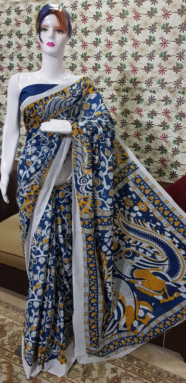 Midnight Blue and Ochre Yellow Cotton Saree with Traditional Kalamkari Bird and Floral Prints.