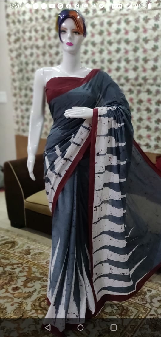 Grey and White Batik Print Cotton Saree with Maroon Border.