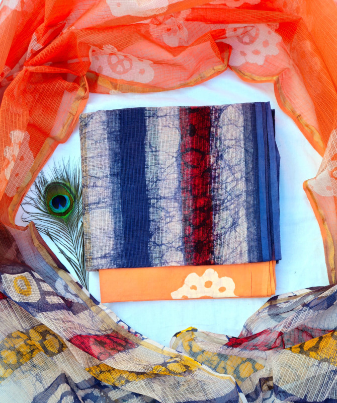 Orange, Blue, and Red Striped Batik Printed Cotton Kota Doria Suit 2.5m top & dupatta and 2.5m cotton cambric bottom