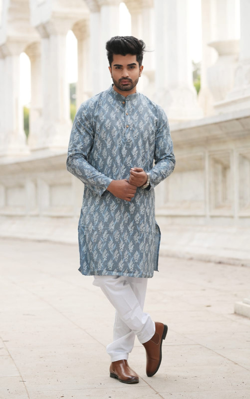 Grey/Slate Blue Leaf Print Kurta with White Pyjama
