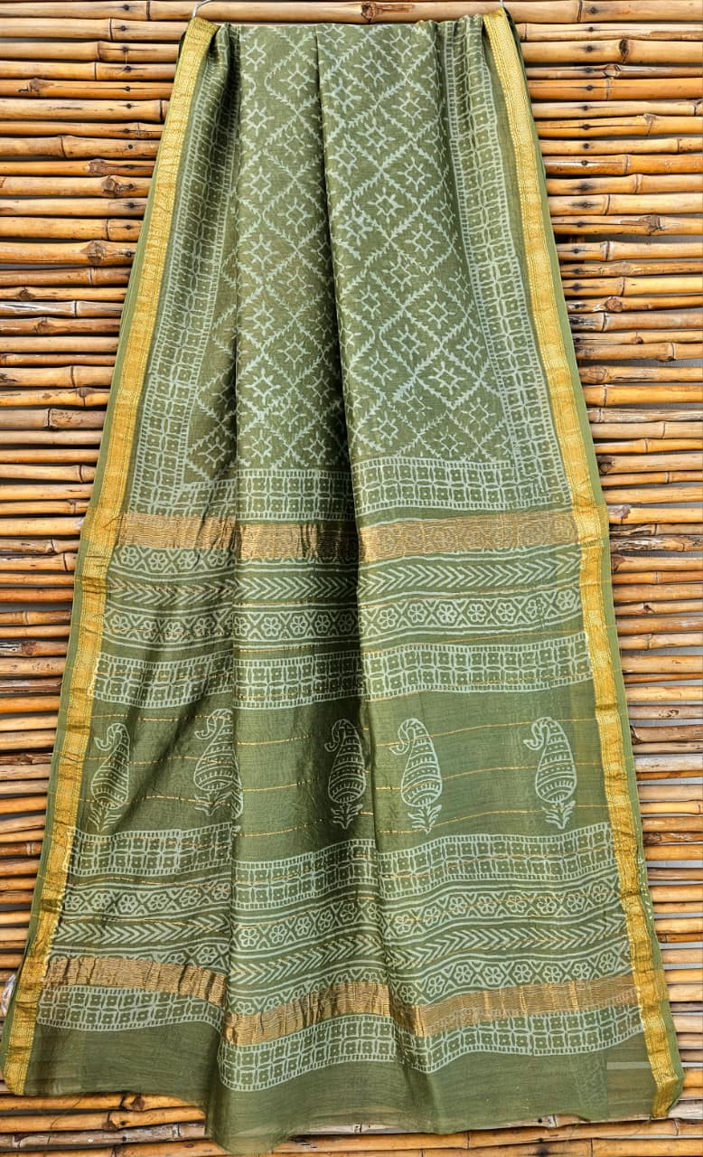 Olive green Maheshwari silk cotton blend hand block print saree