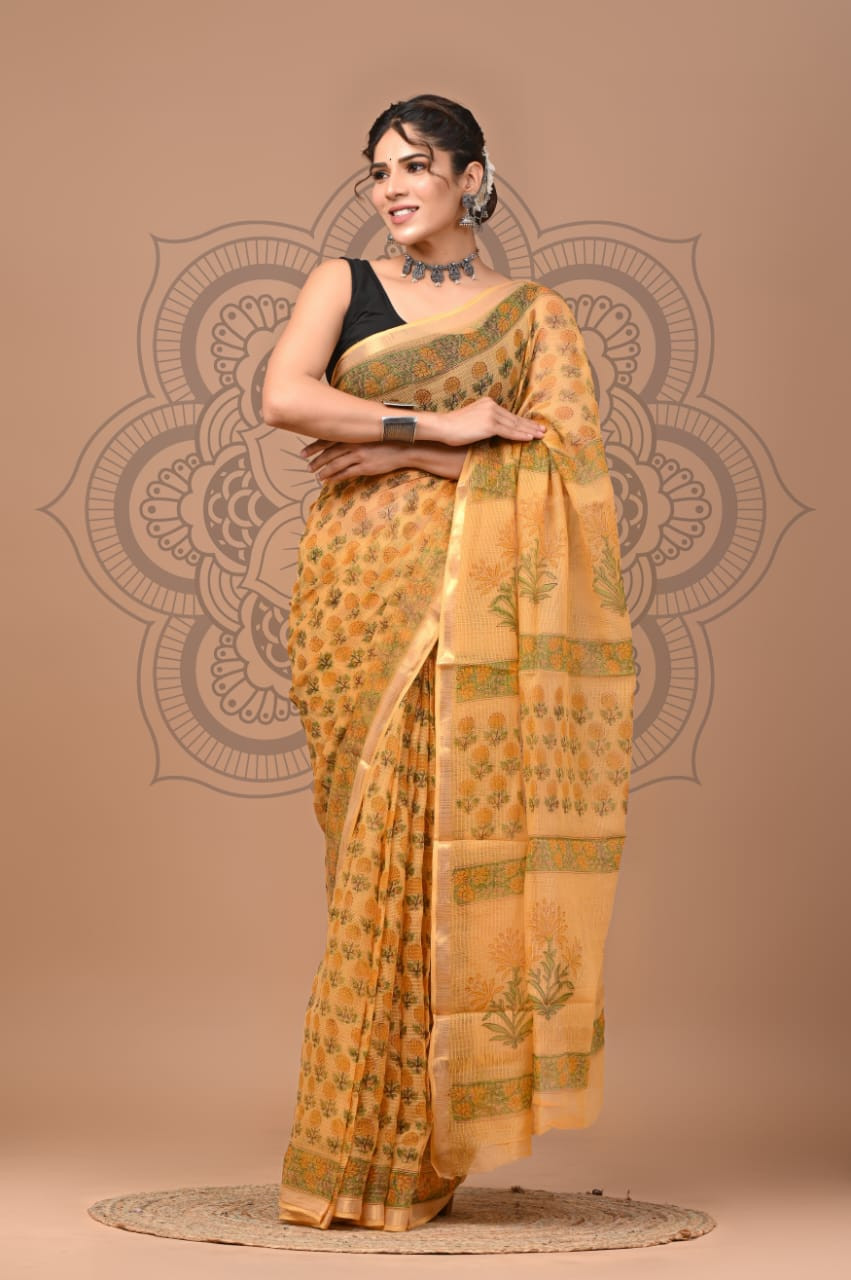 Yellow Kota Doria Saree Handmade Dabu/Bagru Hand Block Printed
