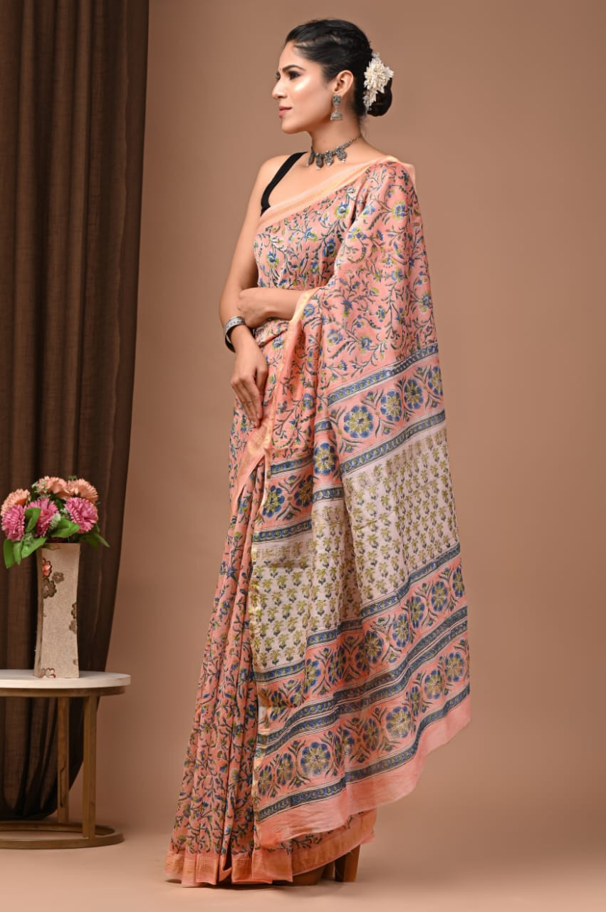 Peach and Blue Sanganeri/Jaipuri Floral Hand-Block Print Saree