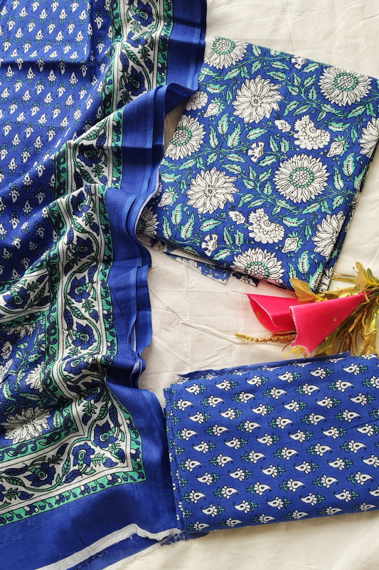 Blue and White Floral and Paisley Patterns  Cotton Unstitched Suit Set for Women 2.5 Mtr Top, 2.5 Mtr Bottom, and 2.5 Mtr Dupatta