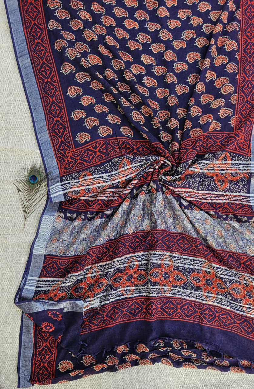 Blue Ajrakh Printed Soft Modal Silk Natural Print Saree P2