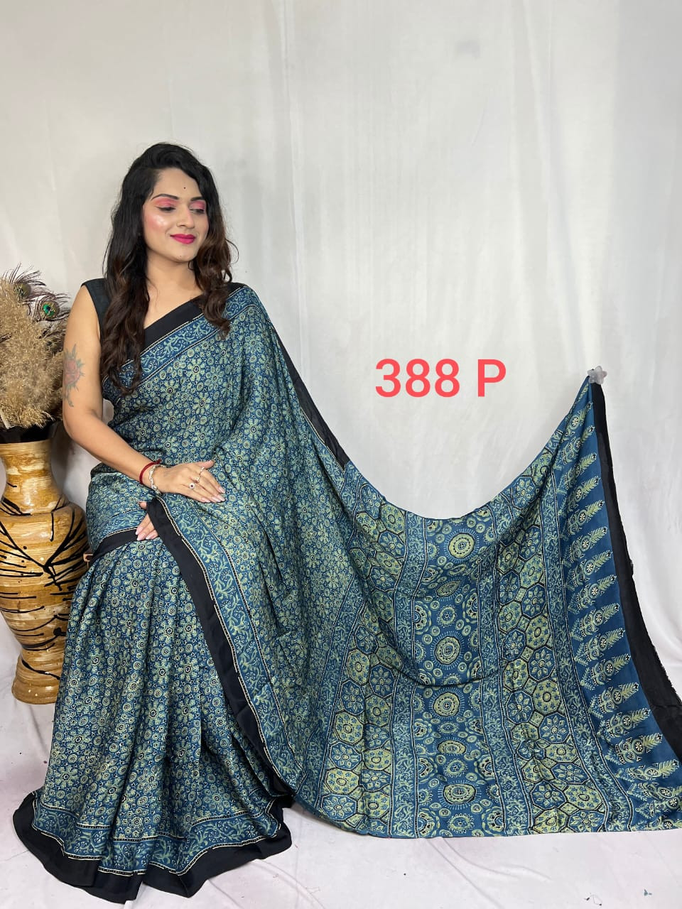 Blue and Green Modal Silk Ajrakh Print Saree