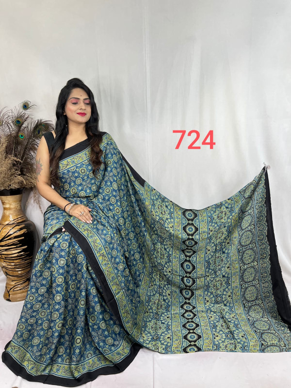 Blue, Yellow, and Black Ajrakh Hand Block Print Modal Silk Saree.