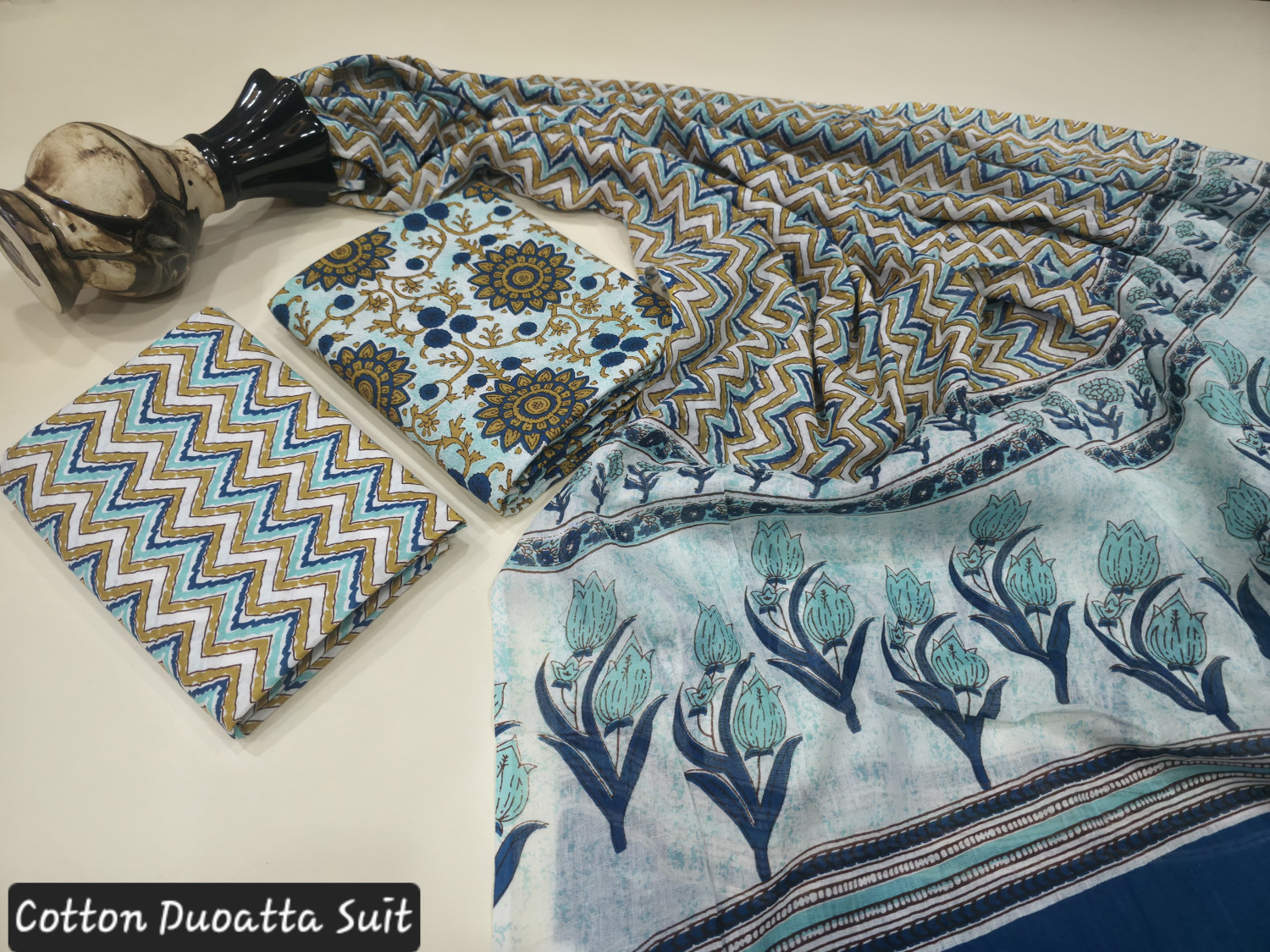 Blue, White, and Mustard Yellow Hand Block Print cotton dupatta suit.