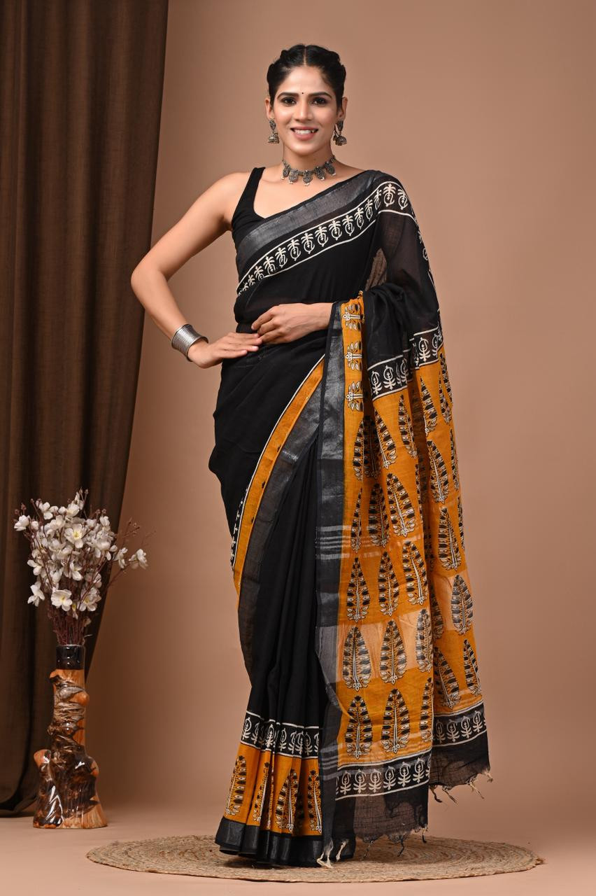 Black & Ivory Kalamkari Hand Block Print Linen Saree