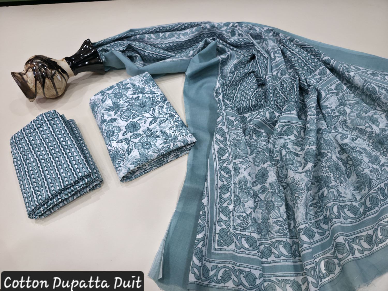 Teal Blue/Aqua and White Floral Hand Block Print cotton dupatta suit.