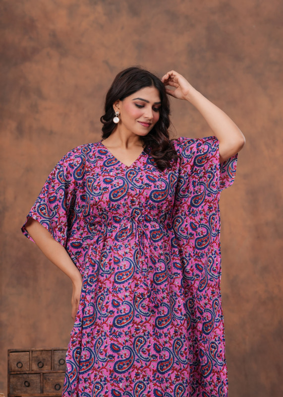Pink Paisley Print Cotton Kaftan