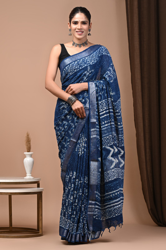 Blue Dabu  Hand block printed  Linen Saree