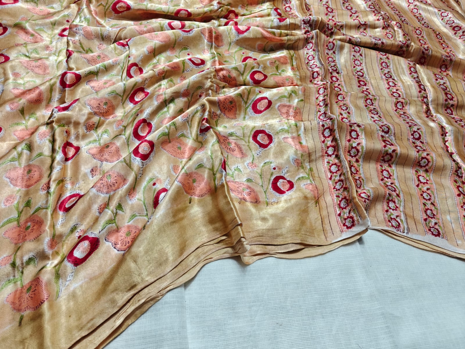 Beige Floral Handblock Printed Pure Modal Silk Saree  Contrast Border with printed blouse
