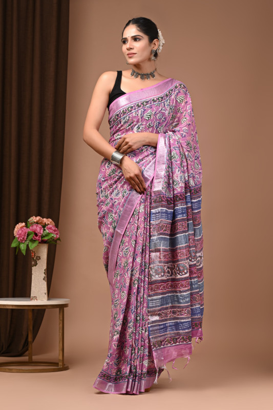Soft Pink with Multicolor Detailing  Traditional Floral Block Print with Contrasting Patterned Pallu linen saree