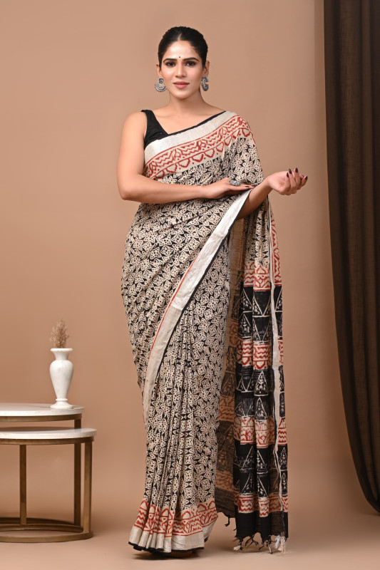 Cream Hand Block printed Linen printed Saare