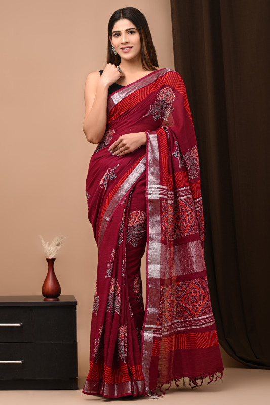 Maroon Hand Block Printed Linen Saree with Silver Zari Border.