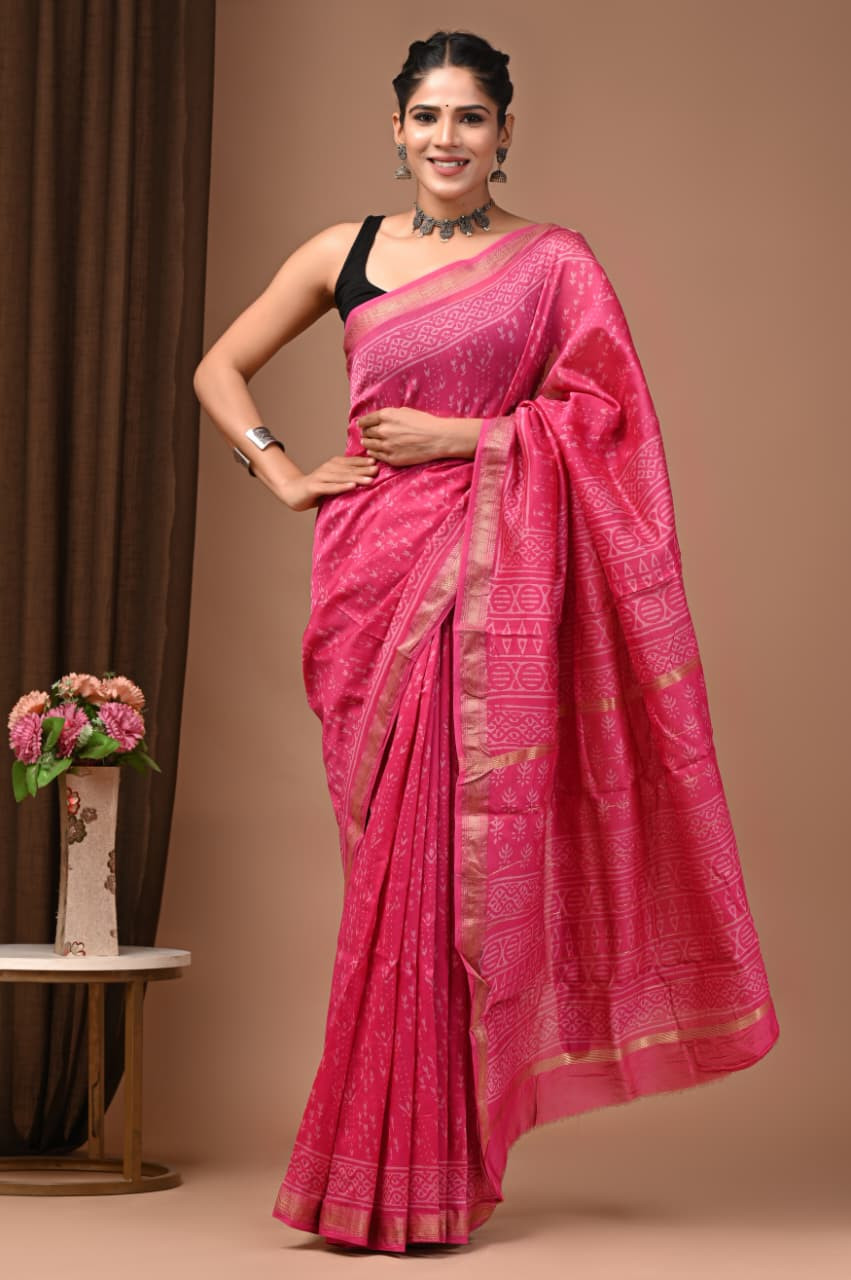 Pink Maheshwari Silk Saree with Zari Border and Hand Block Print.