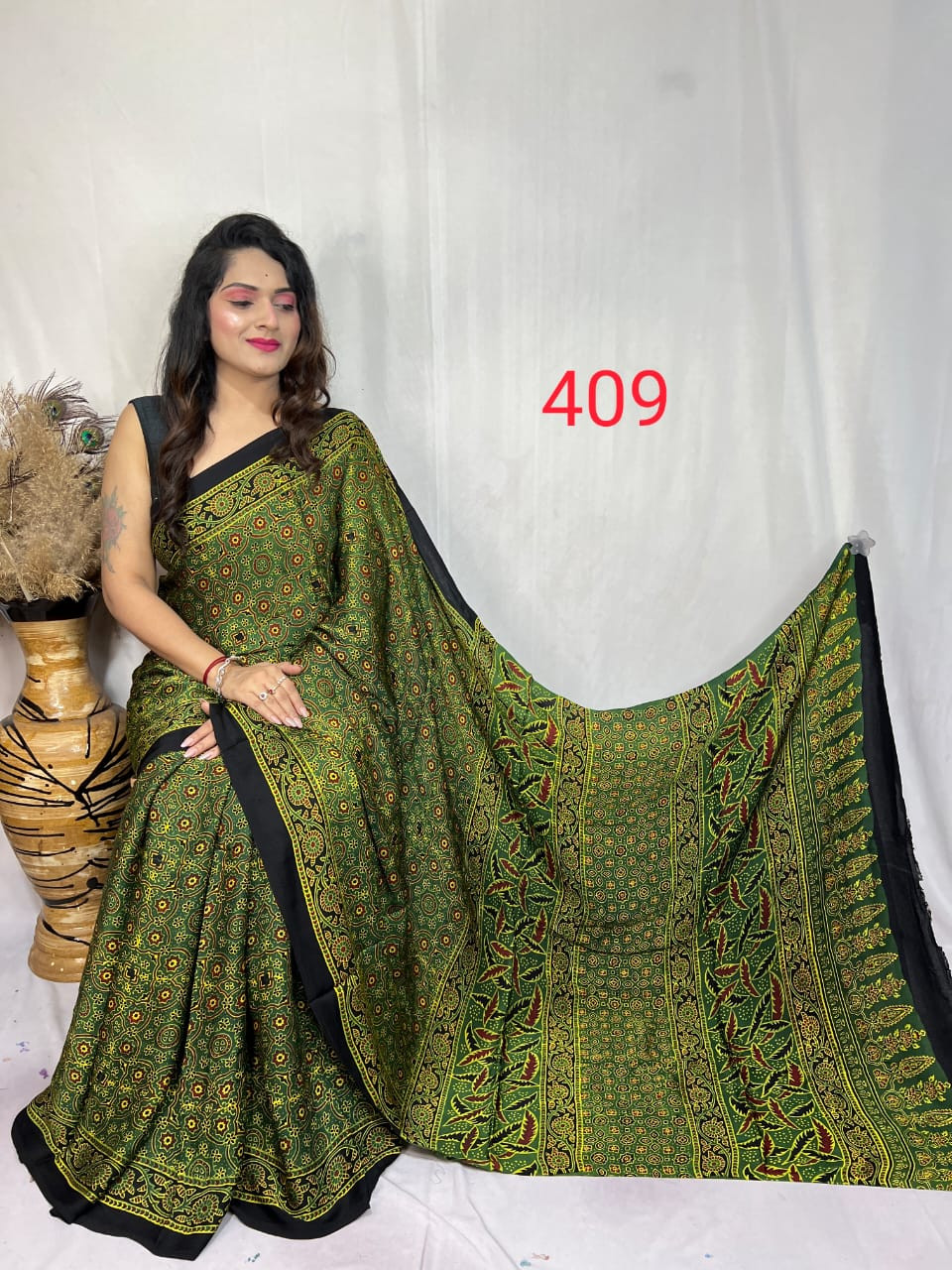 Green and Black Modal Silk Ajrakh Print Saree