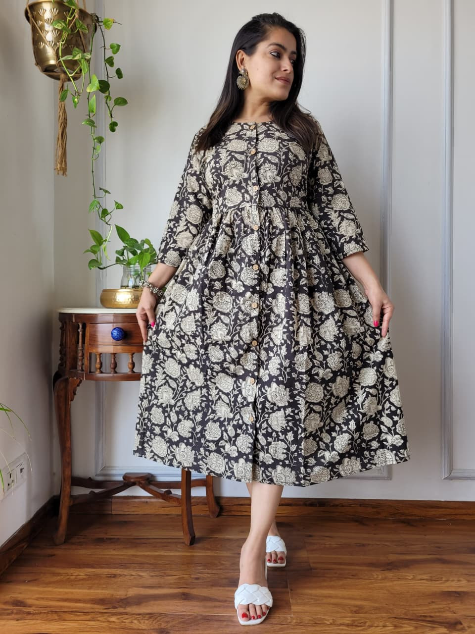 Black and Beige/White Floral Hand Block Printed Cotton One Piece Dress with a front button placket.
