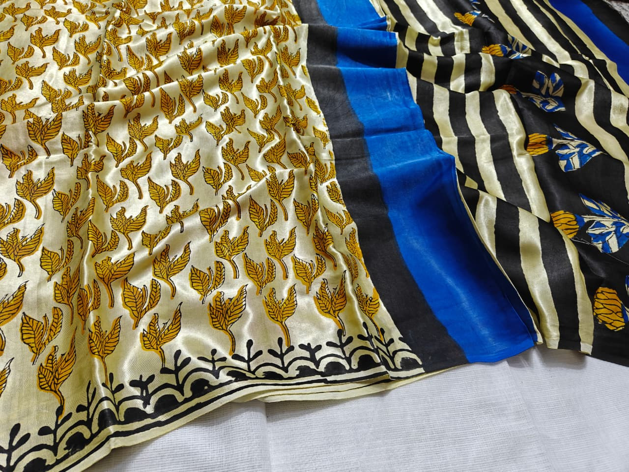 Yellow and Black Striped Hand Block Printed Modal Silk Saree.