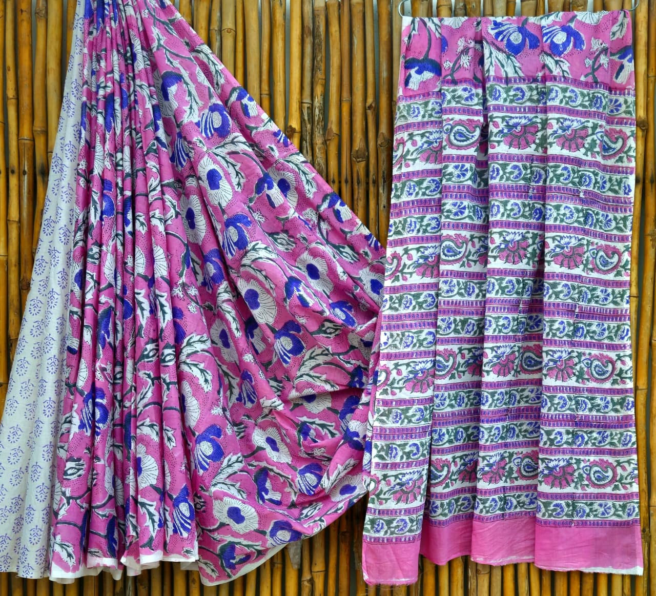 Pink & Blue Kalamkari Hand-Block Printed Mulmul Cotton Saree with Blouse (6.5 Meters, 92*80, 100% Pure Cotton Fabric)
